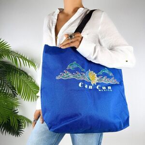 Vintage Y2K Cancun Mexico Blue Beachy Casual Canvas Oversized Tote Bag